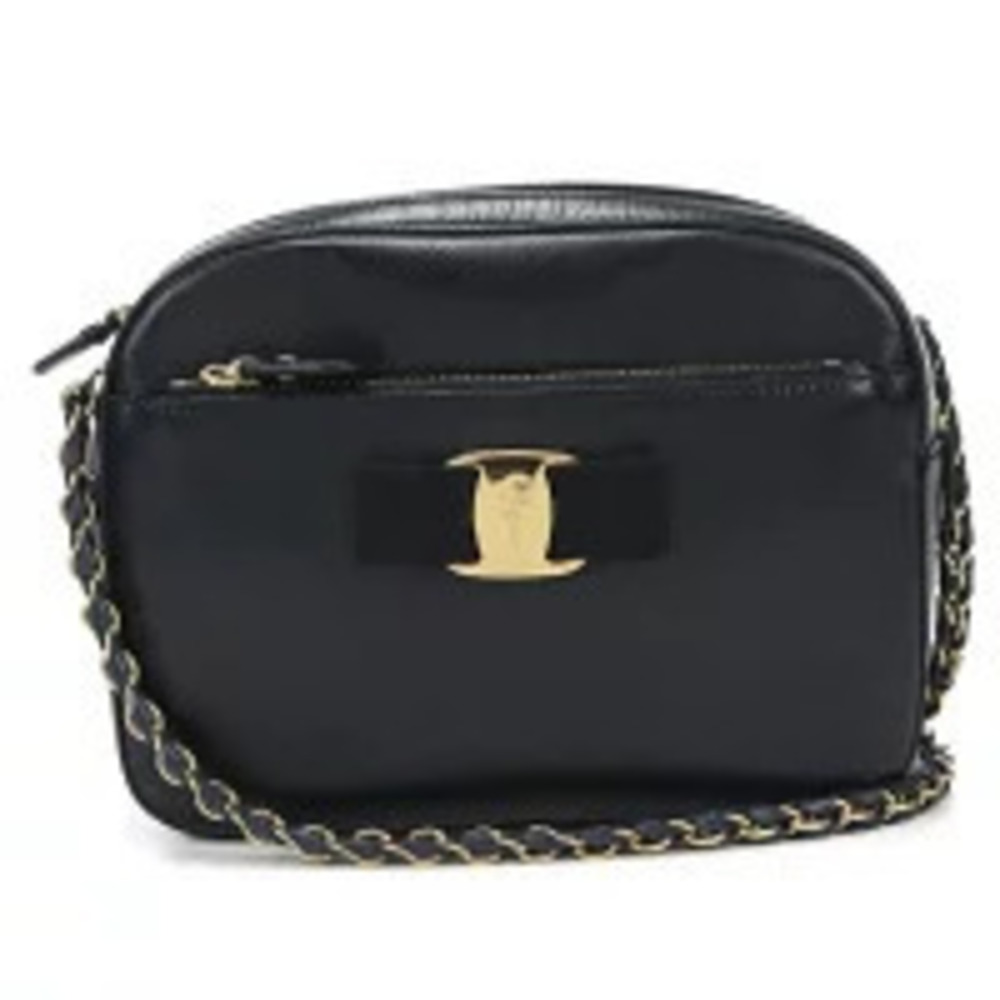 Salvatore Ferragamo Shoulder Bag Vara Ribbon Chain Black Crossbody